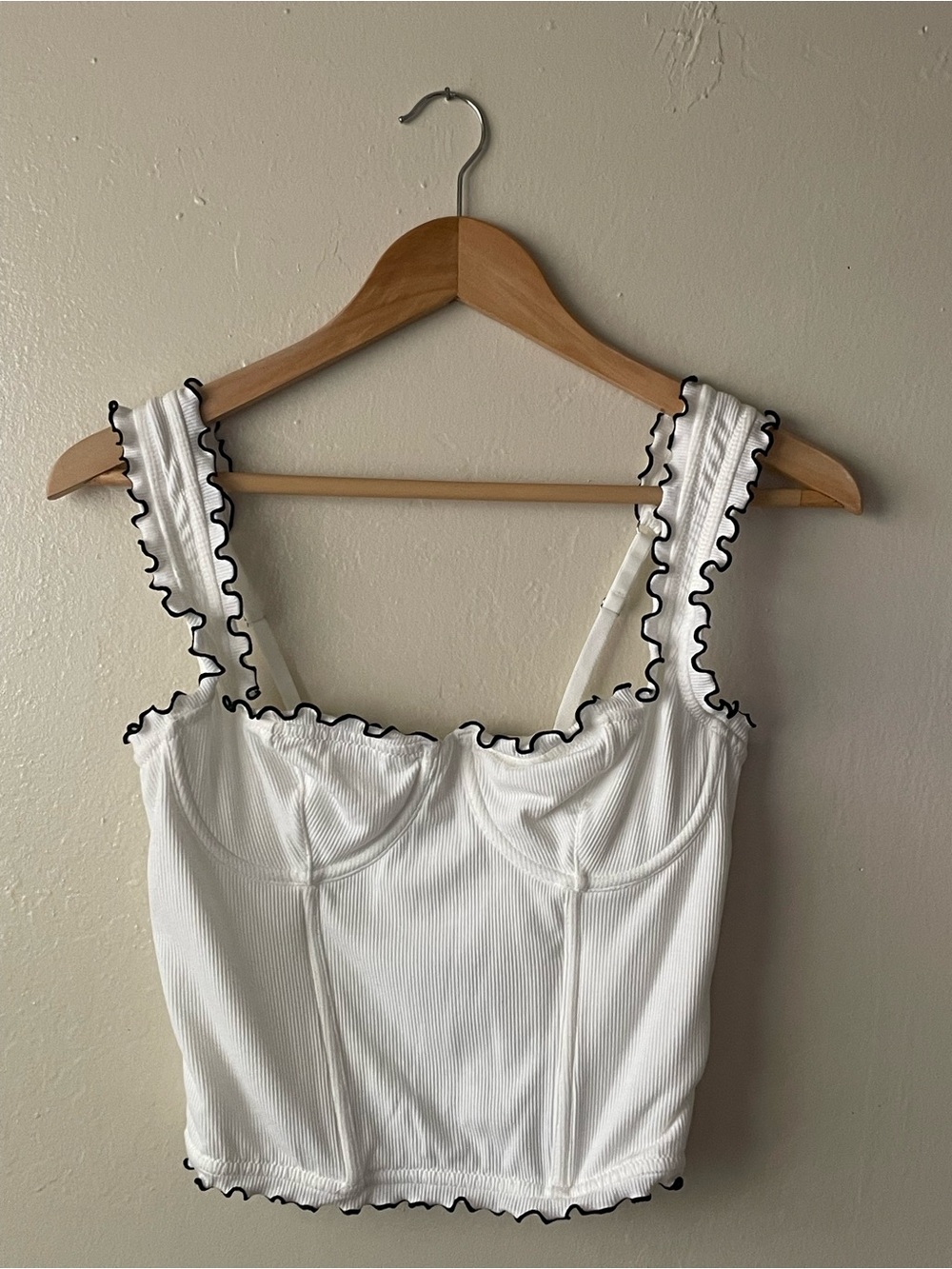 Out from under White Ruffled Trim Bustier corset cropped Top